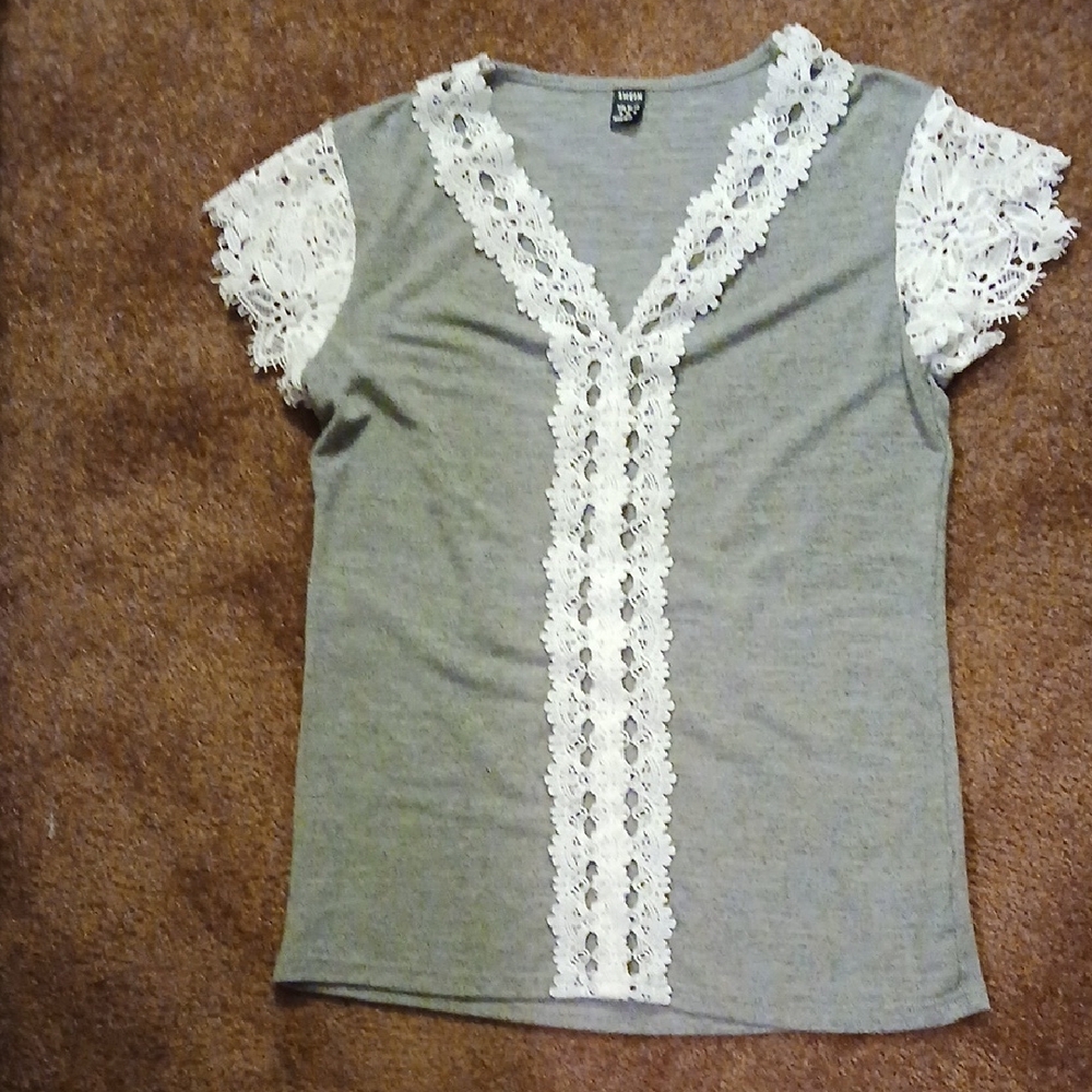 SHEIN Gray Top with White Lace Accents